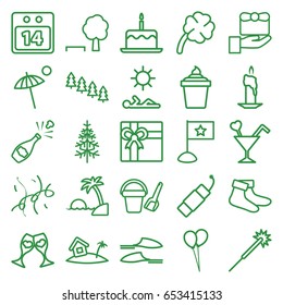 Holiday icons set. set of 25 holiday outline icons such as pine tree, bucket toy for beach, cake with one candle, sparklers, balloon, gift, socks, slippers, ice cream in can