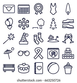 Holiday icons set. set of 25 holiday outline icons such as socks, slippers, ice cream in can, pine-tree, heart ribbon, notebook with heart, 14 date, clink glasses, ribbon