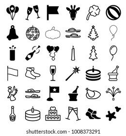 Holiday icons. set of 36 editable filled and outline holiday icons such as bell, beach ball, glasses clink, heart balloons, flag, wine glass, champagne, cookie, cake, balloon