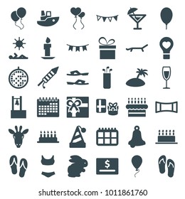 Holiday icons. set of 36 editable filled holiday icons such as rabbit, gift, slippers, bell, party hat, cake, dollar card, calendar, swim suit, bulb heart, party flag, balloon