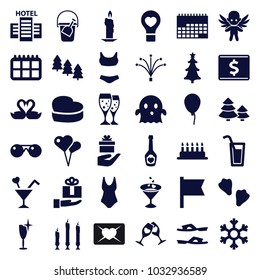 Holiday icons. set of 36 editable filled holiday icons such as pine tree, baloon, clean wine glass, slippers, ghost, heart shaped air balloon, candle, cake, calendar