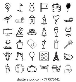 Holiday icons. set of 36 editable outline holiday icons such as balloon, pumpkin, restaurant table, giraffe, baloon, bucket toy for beach, from toy for beach, clean wine glass