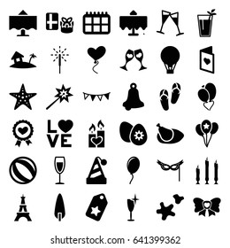 Holiday icons set. set of 36 holiday filled icons such as restaurant table, eiffel tower, flip flops, clean wine glass, pine-tree, heart ribbon, love word, heart baloons