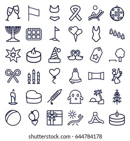 Holiday icons set. set of 36 holiday outline icons such as pine tree, sunbed, gift, pine-tree, swan heart, heart baloons, angel, candy cane, fireworks, candle, cake