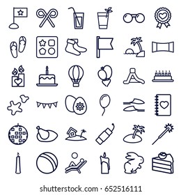 Holiday icons set. set of 36 holiday outline icons such as rabbit, ball, from toy for beach, cake with one candle, flip flops, sparklers, socks, slippers, heart ribbon