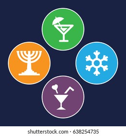 Holiday icons set. set of 4 holiday filled icons such as cocktail, snowflake