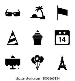 Holiday icons. set of 9 editable filled holiday icons such as restaurant table, eiffel tower, ice cream in can, 14 date calendar, balloon, sunglasses, island, flag