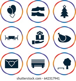 Holiday icons set. set of 9 holiday filled icons such as slippers, christmas tree, heart baloons, chicken, restaurant table, gift on hand, love letter, tree and bench