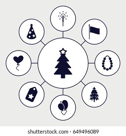 Holiday icons set. set of 9 holiday filled icons such as christmas tree, pine-tree, heart baloons, sparkler, party hat, garland, flag
