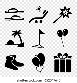 Holiday icons set. set of 9 holiday filled icons such as sunbed, balloon, socks, heart baloons, present, flag, island, flip flops