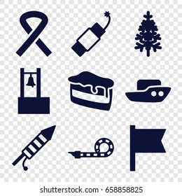 Holiday icons set. set of 9 holiday filled icons such as boat, piece of cake, pine-tree, party pipe, fireworks, firework, ribbon, bell