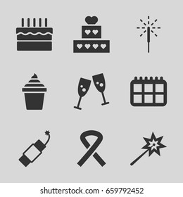 Holiday icons set. set of 9 holiday filled icons such as ice cream in can, cake, sparkler, firework, ribbon, sparklers, calendar