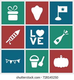 Holiday icons set. set of 9 holiday filled icons such as pumpkin, animal fang, bucket toy for beach, present, opened champagne, love word, party flag, fireworks