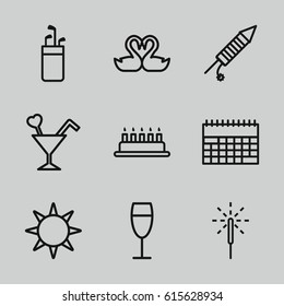 Holiday icons set. set of 9 holiday outline icons such as swan heart, cocktail, wine glass, sparkler, fireworks, hotel, calendar, cake