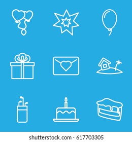 Holiday icons set. set of 9 holiday outline icons such as cake with one candle, piece of cake, heart balloons, balloon, fireworks, gift, home on island, love letter