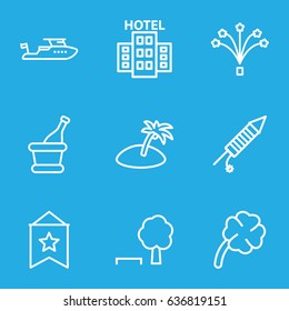 Holiday icons set. set of 9 holiday outline icons such as boat, fireworks, champagne, clover, hotel, island, flag