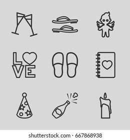 Holiday icons set. set of 9 holiday outline icons such as slippers, notebook with heart, love word, angel, wine glass, party hat, candle, flip flops