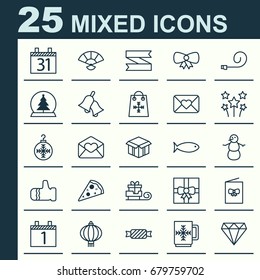 Holiday Icons Set. Collection Of Brilliant, Open Cardboard, Blank Ribbon And Other Elements. Also Includes Symbols Such As Fan, Hand, Agenda.