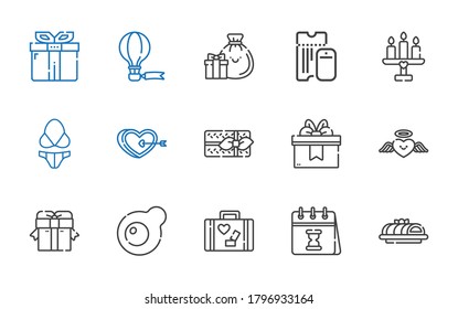 holiday icons set. Collection of holiday with cake, calendar, luggage, egg, gift, heart, gifts, bikini, candle, boarding pass, hot air balloon. Editable and scalable holiday icons.
