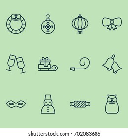 Holiday Icons Set. Collection Of Champagne Glasses, Tree Toy, Celebrate Whistle And Other Elements. Also Includes Symbols Such As Caramel, Bell, Lantern.