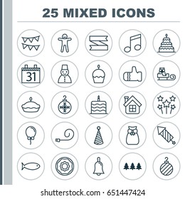 Holiday Icons Set. Collection Of Date, Sleigh, Present Pouch And Other Elements. Also Includes Symbols Such As Festive, Transport, Residential.