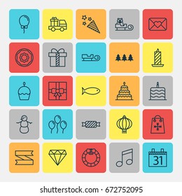 Holiday Icons Set. Collection Of Fire Wax, Sweet, Air Ball And Other Elements. Also Includes Symbols Such As Car, Sky, Dessert.