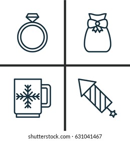 Holiday Icons Set. Collection Of Firework, Wedding Jewel, Present Pouch And Other Elements. Also Includes Symbols Such As Gift, Rocket, Snowflake.