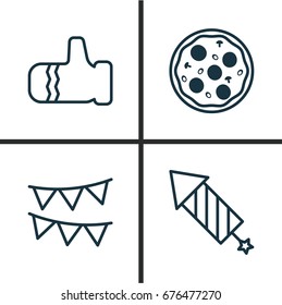 Holiday Icons Set. Collection Of Firework, Pizza Meal, Mitten And Other Elements. Also Includes Symbols Such As Firework, Gauntlet, Glove. Holiday Icons Set. Collection Of Firework, Pizza Meal, Mitten And Other Elements. Also Includes Symbols Such As Firework, Gauntlet, Glove.