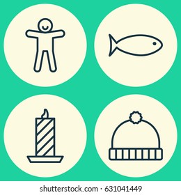 Holiday Icons Set. Collection Of Fishing, Fire Wax, Knitted Cap And Other Elements. Also Includes Symbols Such As Cap, Fish, Hat.