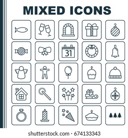 Holiday Icons Set. Collection Of Garland , Arch, Firecracker Elements. Also Includes Symbols Such As Box, Tart, Sparkle.