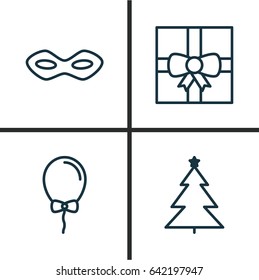 Holiday Icons Set. Collection Of Gift Surprise, Carnival Face, Decorated Tree And Other Elements. Also Includes Symbols Such As Carnival, Sky, Christmas.
