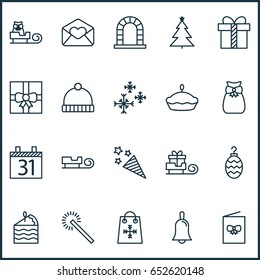 Holiday Icons Set. Collection Of Handbell, Toboggan, Gift Surprise Elements. Also Includes Symbols Such As Ball, Date, Christmas.