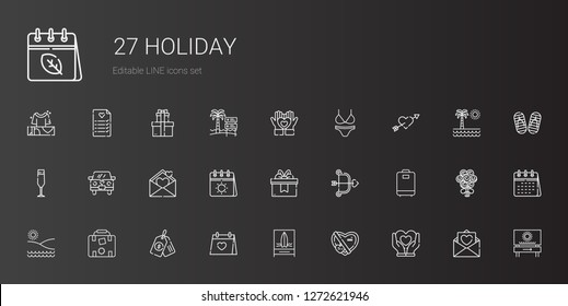 holiday icons set. Collection of holiday with heart, gift, beach, wedding day, price tag, luggage, cupid, calendar, love letter, wedding car. Editable and scalable holiday icons.