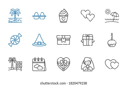 holiday icons set. Collection of holiday with hearts, bride, gift, calendar, beach, caramelized apple, gifts, witch hat, candy, heart, cake. Editable and scalable holiday icons.