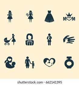 Holiday Icons Set. Collection Of Helping, Stroller, Mom And Other Elements. Also Includes Symbols Such As Helping, Child, Queen.