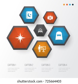Holiday Icons Set. Collection Of Koran, Leaning, Muslim And Other Elements. Also Includes Symbols Such As Halal, Lantern, Teaching. Holiday Icons Set. Collection Of Koran, Leaning, Muslim And Other Elements. Also Includes Symbols Such As Halal, Lantern, Teaching.