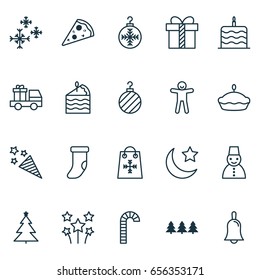 Holiday Icons Set. Collection Of Lollipop, Star Snow, Christmas Ball And Other Elements. Also Includes Symbols Such As Celebrate, Clothing, Pie.