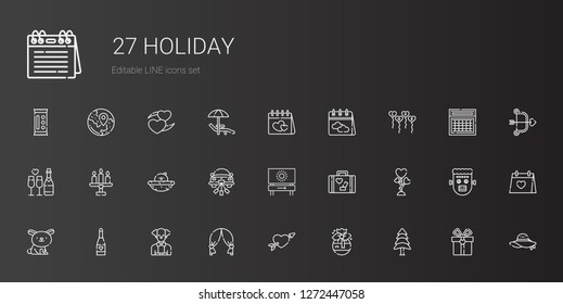 holiday icons set. Collection of holiday with pine, gift, cupid, wedding arch, clown, champagne, rabbit, love, luggage, beach, wedding car. Editable and scalable holiday icons.