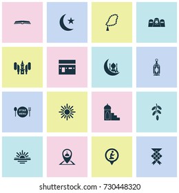 Holiday Icons Set. Collection Of Prayer Place, Moon, Dishes And Other Elements. Also Includes Symbols Such As Midday, Minbar, Date.