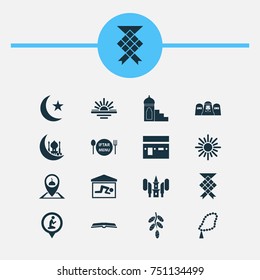 Holiday Icons Set. Collection Of Prayer Place, Khutbah, Beads And Other Elements. Also Includes Symbols Such As Tree, Maghrib, Abend.