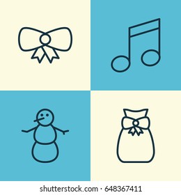 Holiday Icons Set. Collection Of Present Pouch, Crotchets, Butterfly Knot And Other Elements. Also Includes Symbols Such As Music, Snowman, Gift.