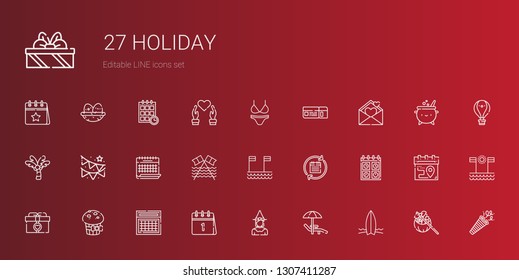 holiday icons set. Collection of holiday with surfboard, sunbed, witch, calendar, muffin, gift, beach, garland, palm tree, love letter, boarding pass. Editable and scalable holiday icons.