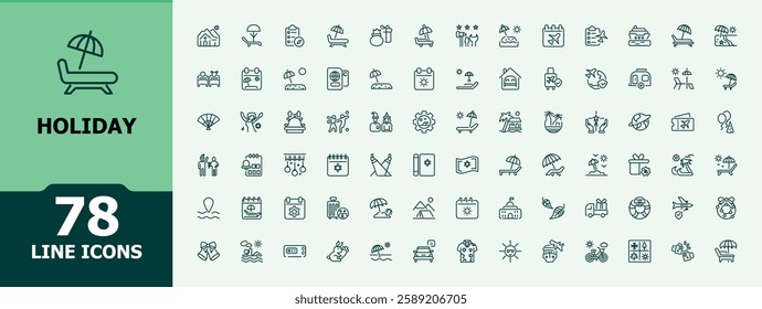 Holiday icons set. It contains symbols to tree, deer, ball, glasses, ice, water, decoration, holiday. Minimalist editable vector icon and illustration.