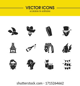 Holiday icons set with dead bride, traditional mexican and death angel elements. Set of holiday icons and casket concept. Editable vector elements for logo app UI design.