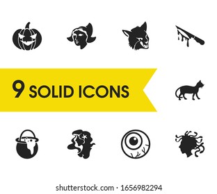 Holiday icons set with medusa, pumpkin decoration and eyeball elements. Set of holiday icons and cauldron concept. Editable vector elements for logo app UI design.