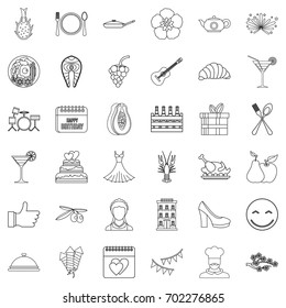 Holiday icons set. Outline style of 36 holiday vector icons for web isolated on white background