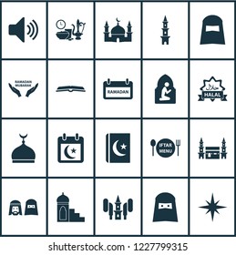 Holiday icons set with people, calendar, mubarak and other praying elements. Isolated vector illustration holiday icons.