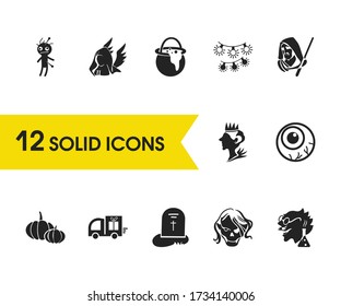 Holiday icons set with pumpkin, tombstone cross and death angel elements. Set of holiday icons and electricity concept. Editable vector elements for logo app UI design.