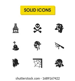 Holiday icons set with rip, spiders web and pirate elements. Set of holiday icons and monster concept. Editable vector elements for logo app UI design.