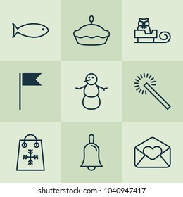 Holiday icons set with snowman, firework, tart and other fishing elements. Isolated vector illustration holiday icons.